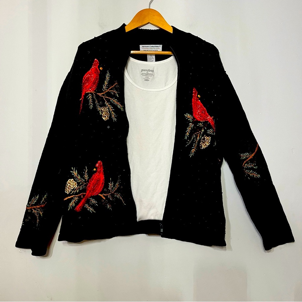 Heirloom Collectibles Sweater Cardigan Winter Cardinals Pinecone Sequin‎ Zip XL
